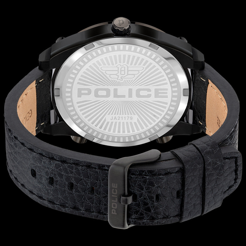 POLICE MEN'S WING ALL BLACK LEATHER WATCH - BACK VIEW