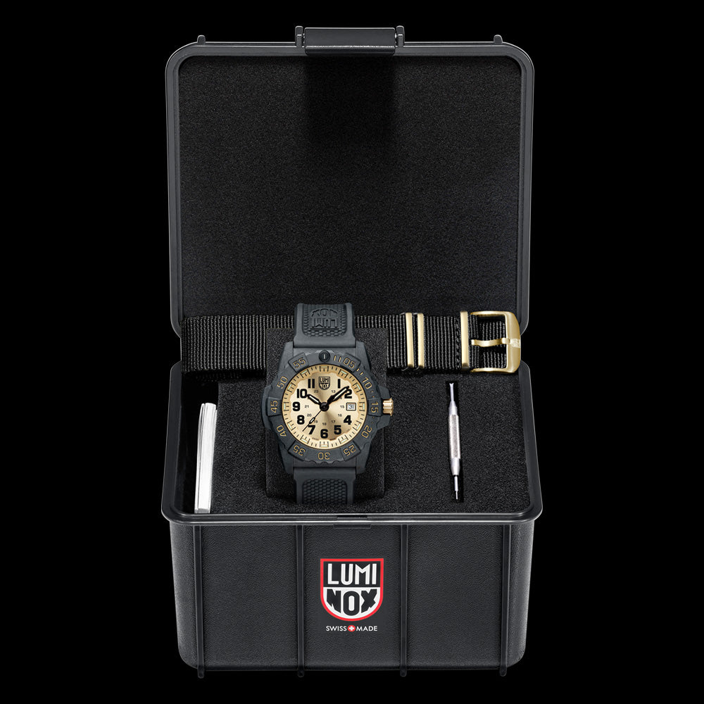 LUMINOX NAVY SEAL GOLD LIMITED EDITION MILITARY WATCH XS.3505.GP.SET - OPEN WATCH BOX PACKAGING