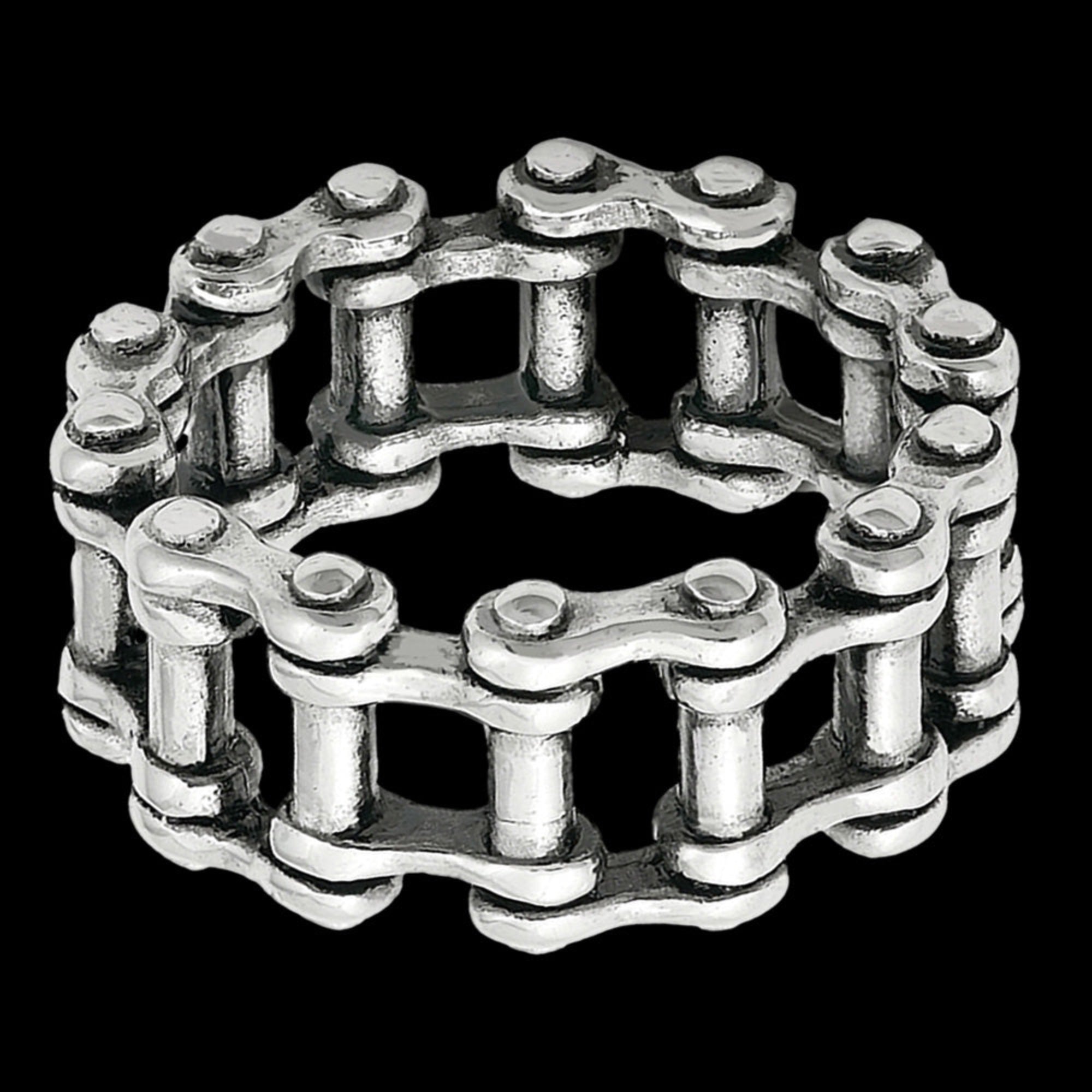 Side view of stainless steel men's industrial bike chain ring.