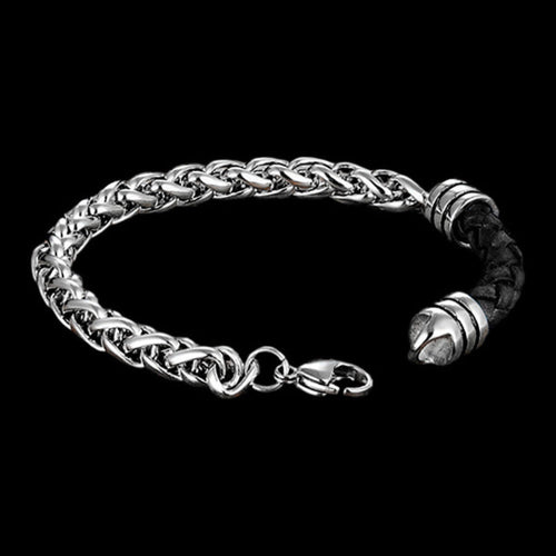 Side view of open Maximan Midnight men's black leather steel chain bracelet