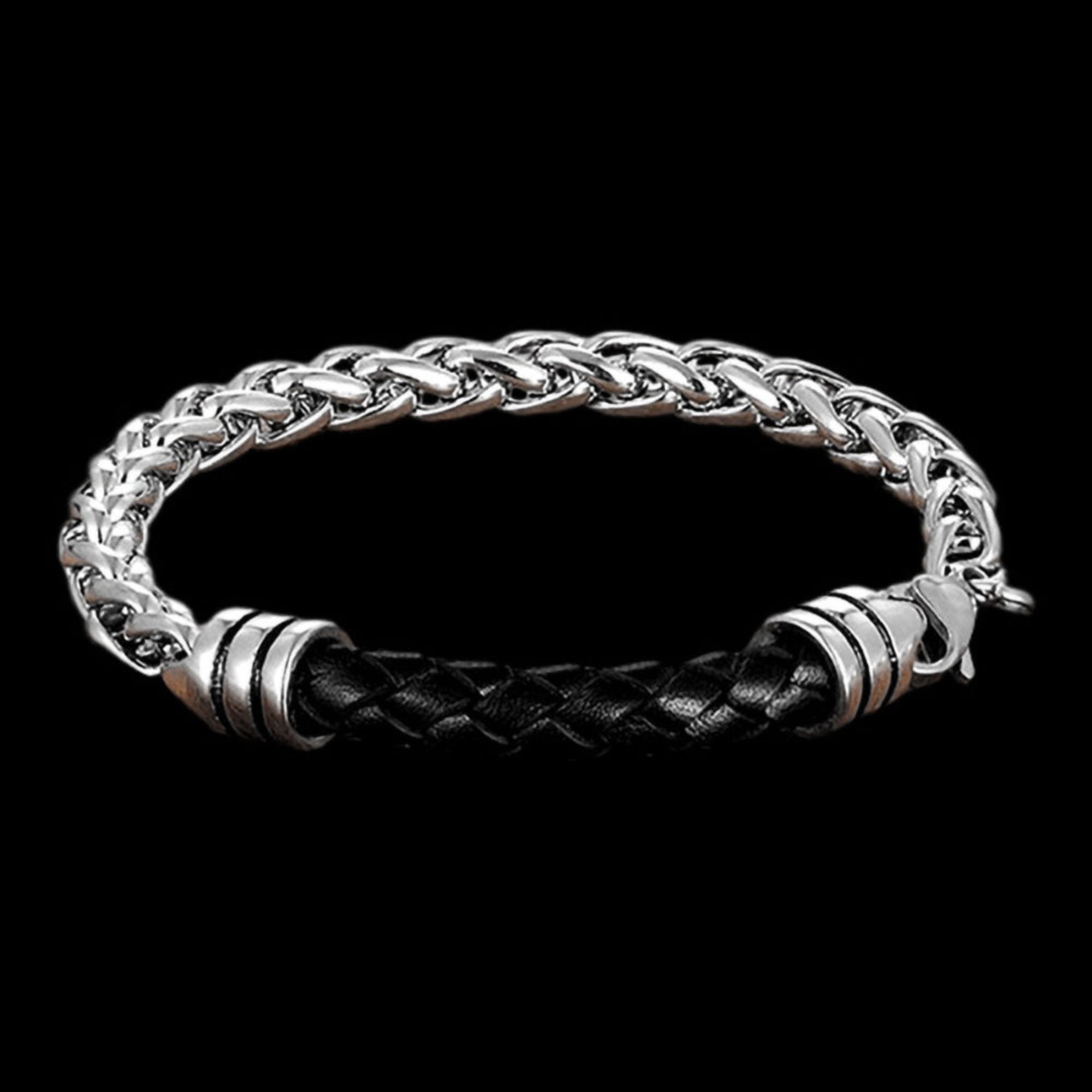 Maximan Midnight Men's Black Leather Steel Chain Bracelet | Australia