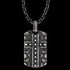 Close-up of black steel men's cross dog tag necklace.
