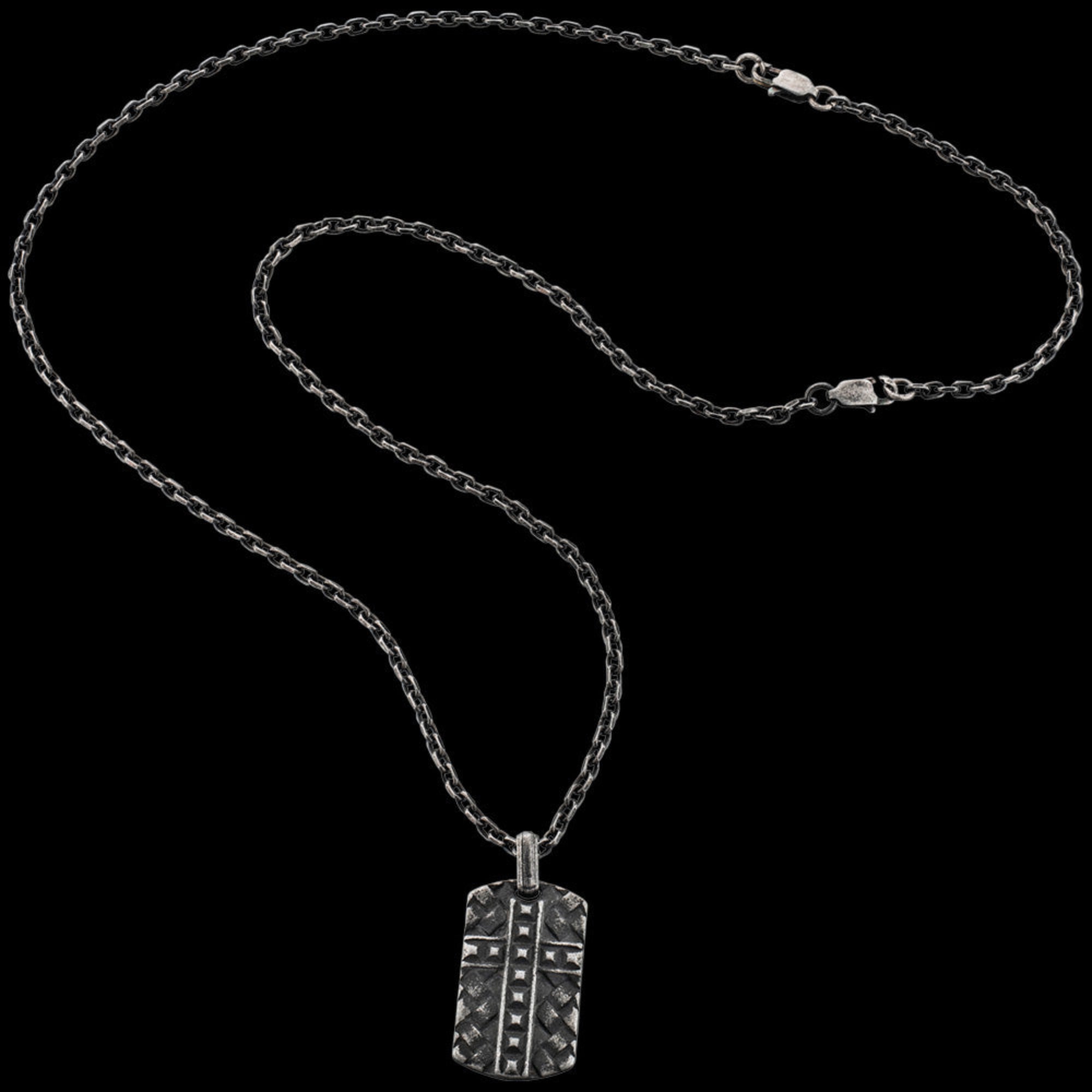 Save Brave black steel men's cross dog tag necklace full view.