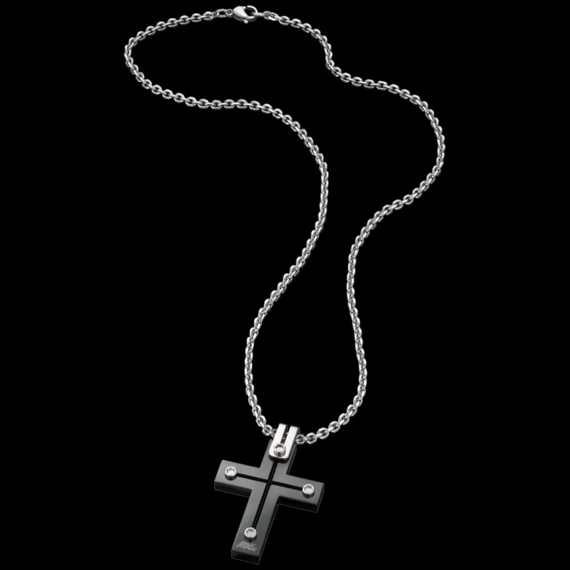 Save Brave black rivet cross men's steel necklace full view.