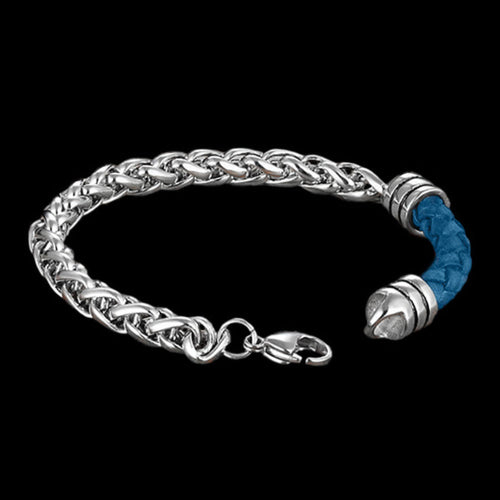 Side view of open Maximan Daybreak men's blue leather steel chain bracelet