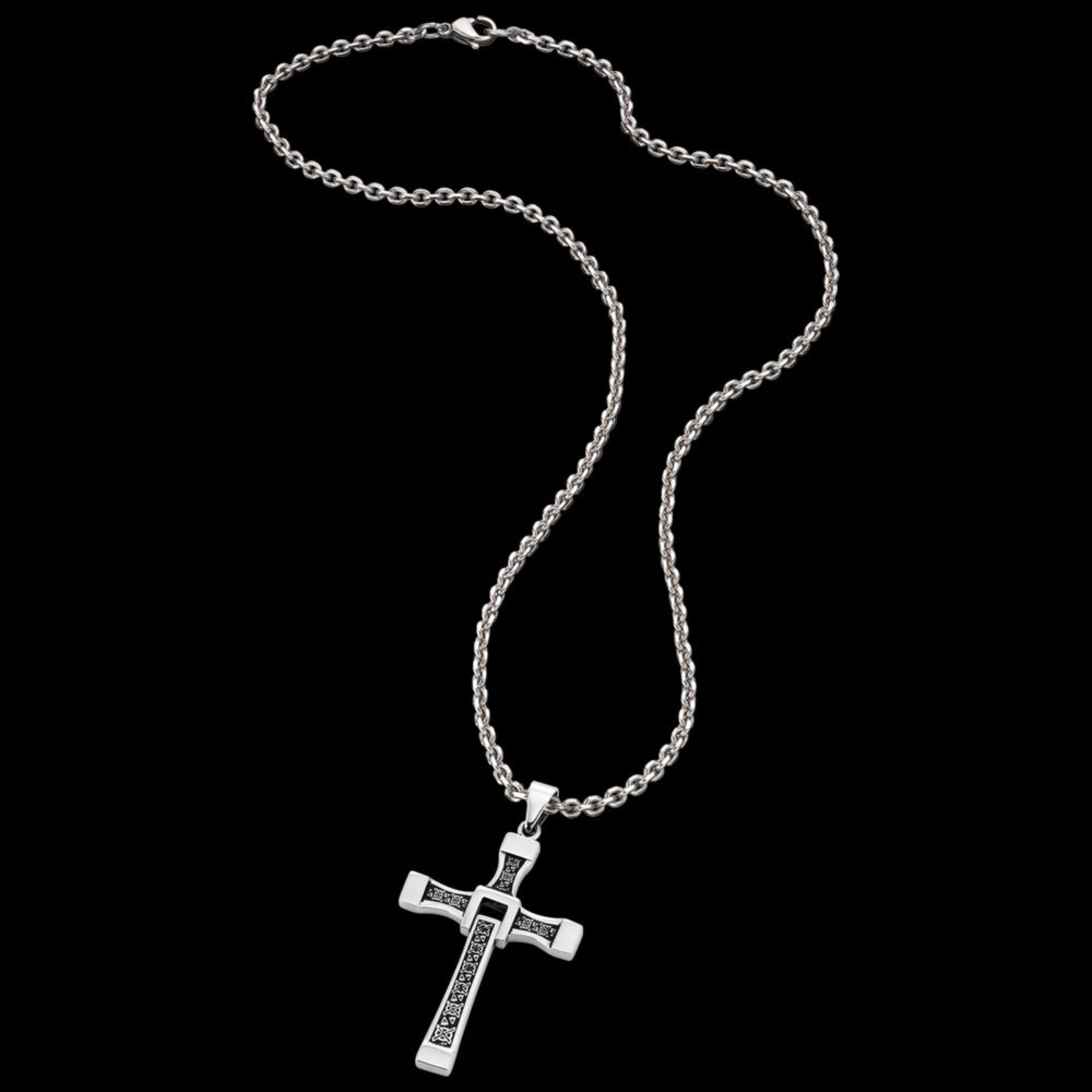 Full view of swivel celtic runes cross men's stainless steel necklace.