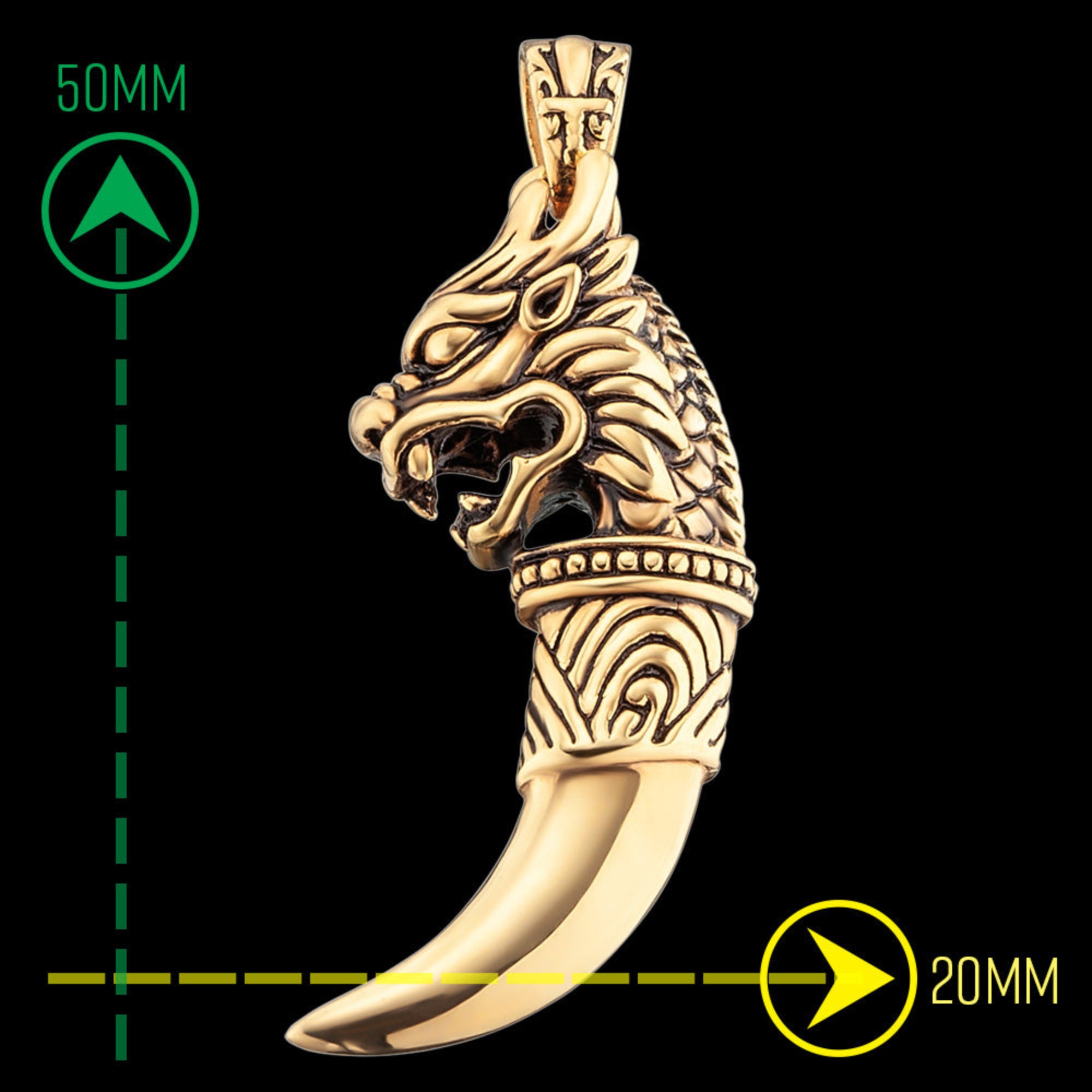 Infographic showing measurements of a gold dragon tooth men's pendant.