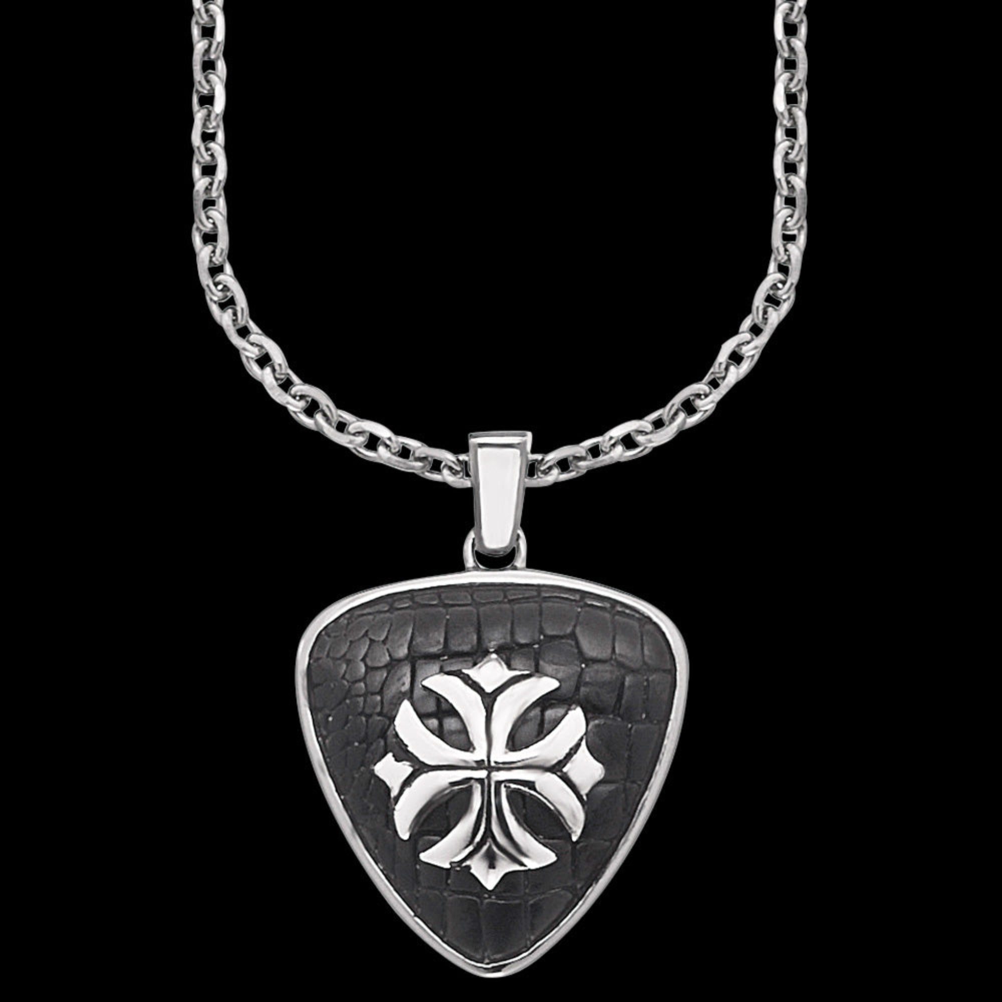 Close-up of fleur-de-lis cross medallion men's necklace.