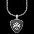 Close-up of fleur-de-lis cross medallion men's necklace.