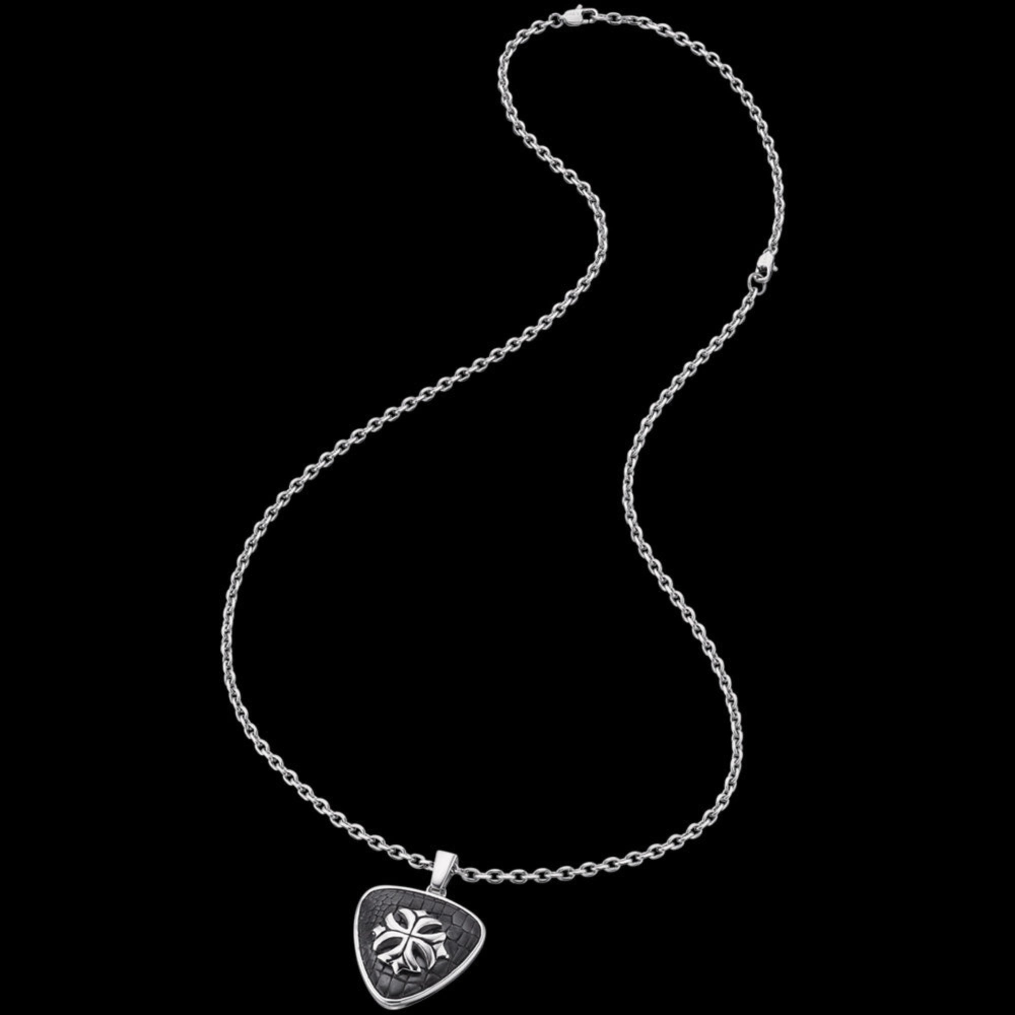 Full view of fleur-de-lis cross medallion men's necklace.