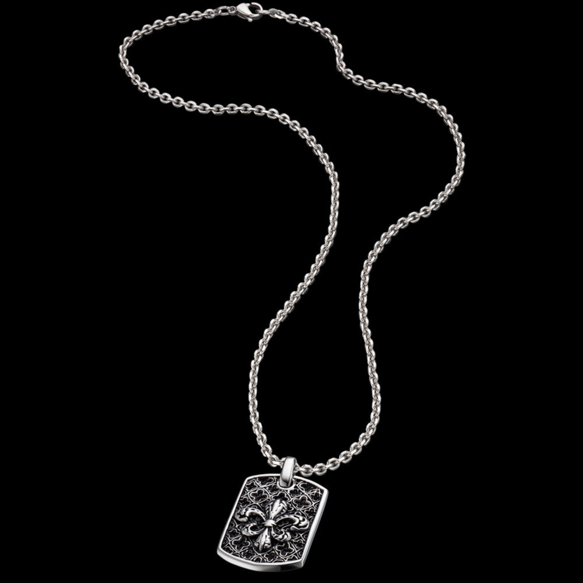 Full view of Save Brave men's fleur-de-lis dog tag necklace.