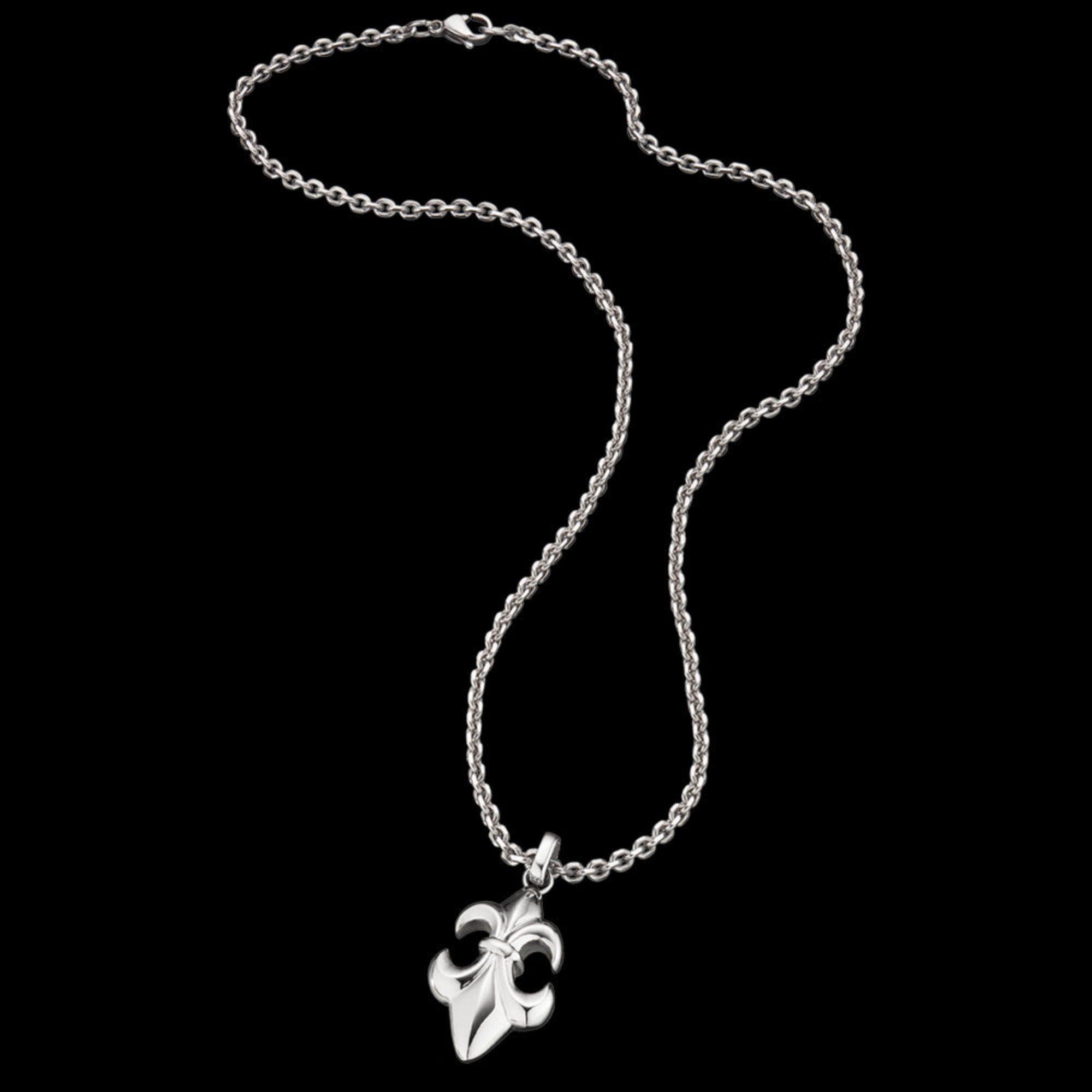 Full view of Save Brave fleur-de-lis stainless steel men's necklace.