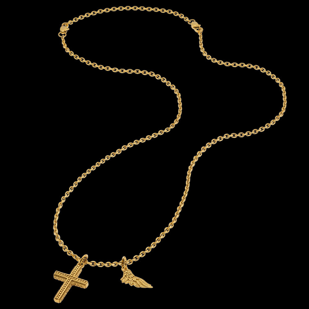 Full view of Save Brave faith cross & wing steel gold necklace.