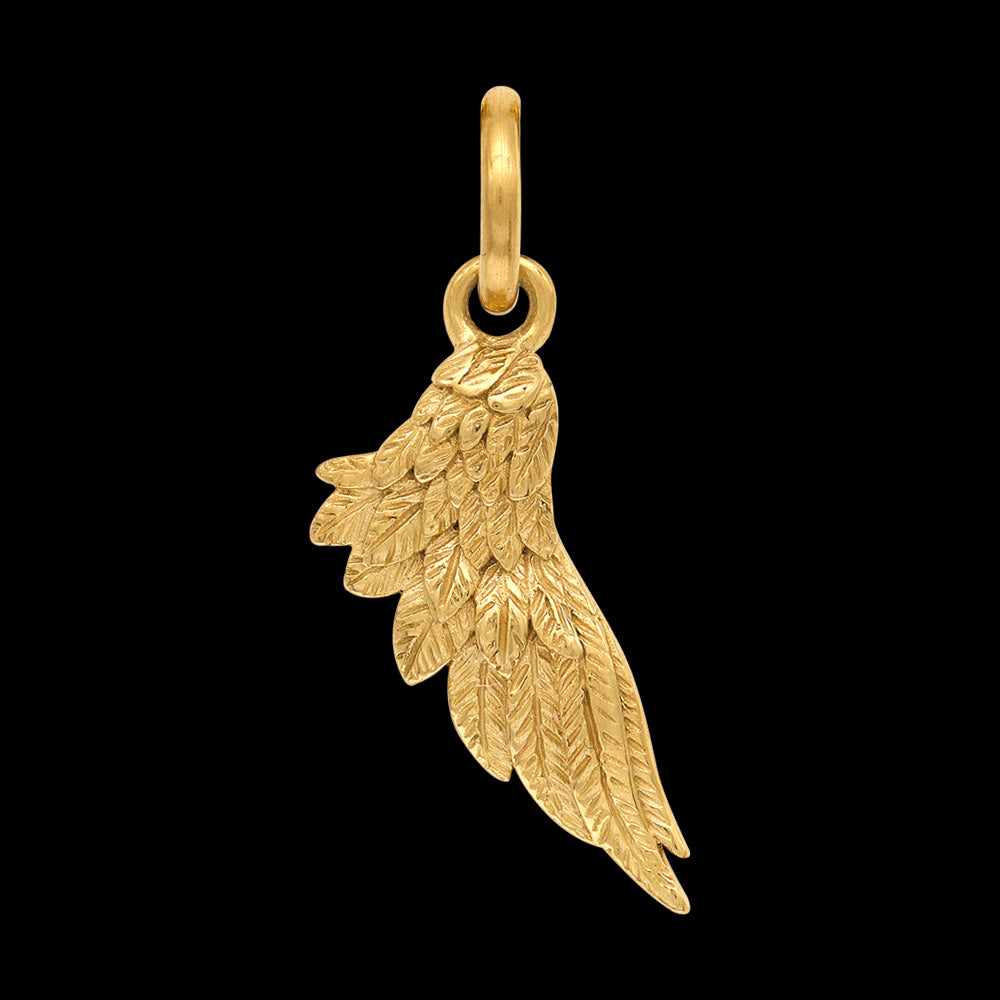 Close-up of wing pendant from men's faith cross & wing gold stainless steel necklace.