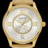 Close-up of Guess Broadway gold ladies dress watch.
