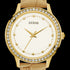 Close-up of Guess Chelsea gold ladies leather dress watch.