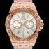 Close-up Guess Limelight rose gold ladies dress watch.