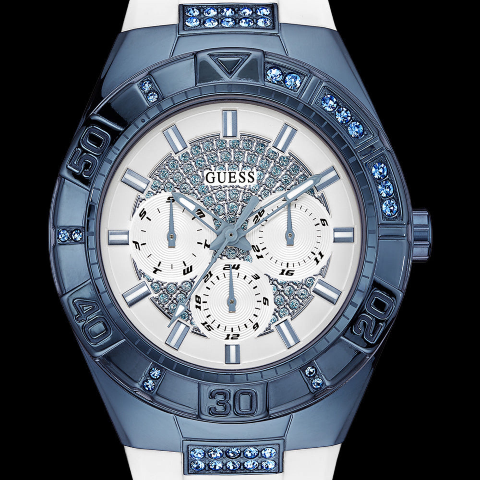 Close-up of Guess Luna sky blue ladies sport watch.