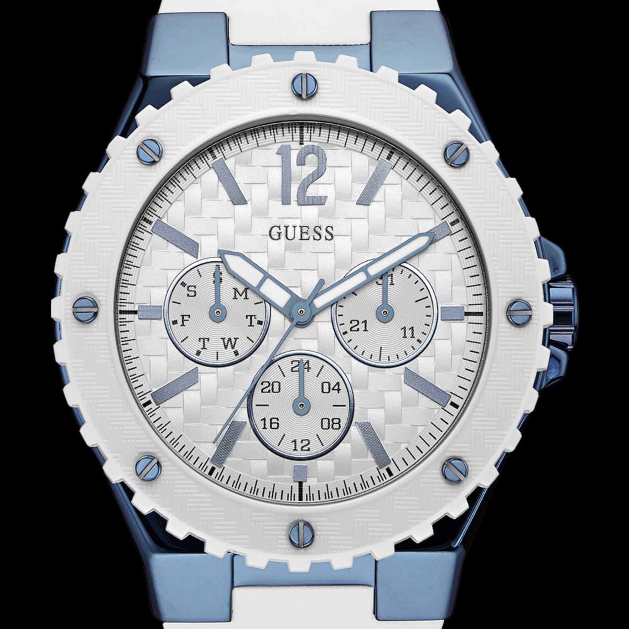 Close-up of Guess Overdrive sky blue ladies sport watch.