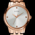 Close-up of Guess Lady Wafer rose gold dress watch.