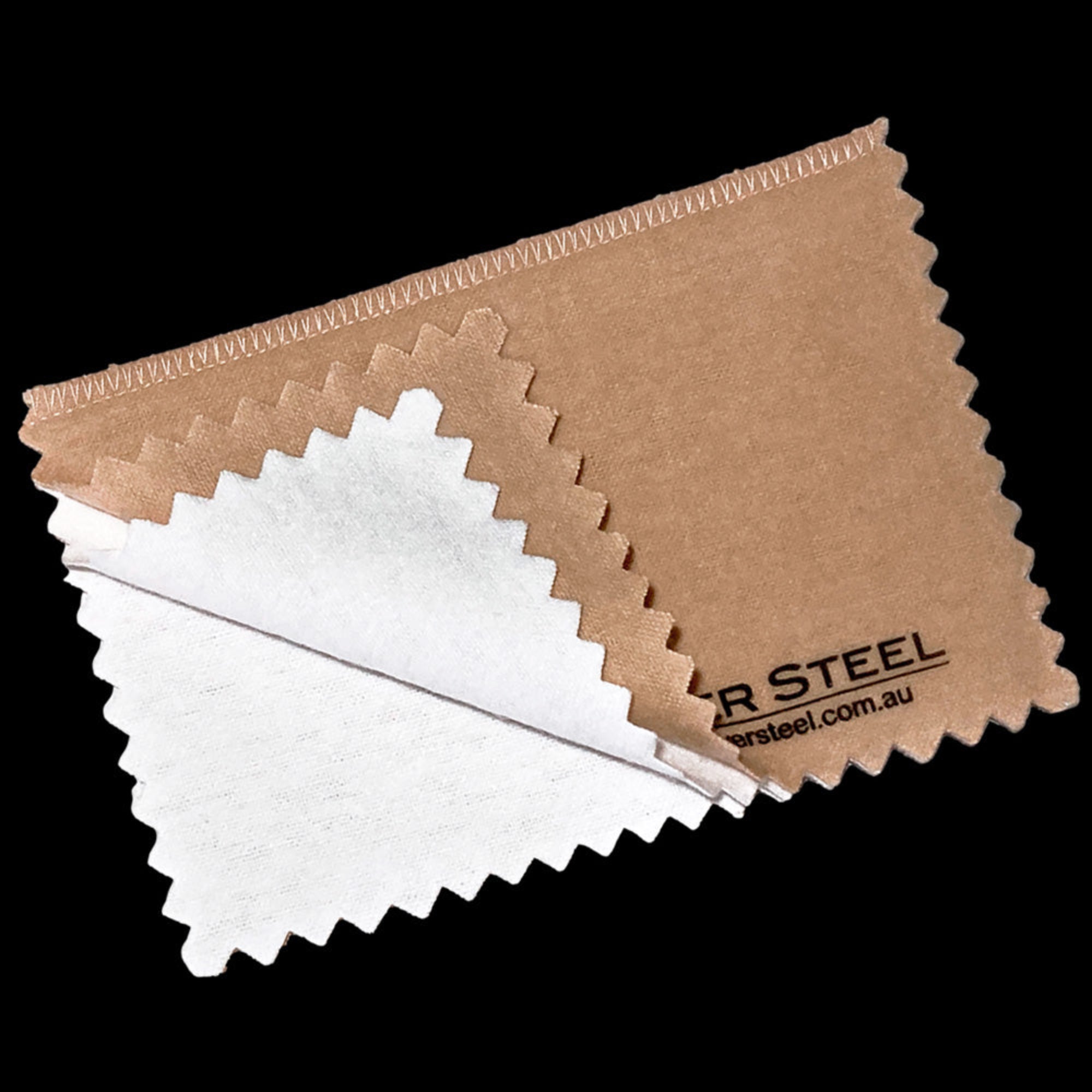 Jewellery cleaning and polishing cloth open to show cleaning layer and polishing layer.