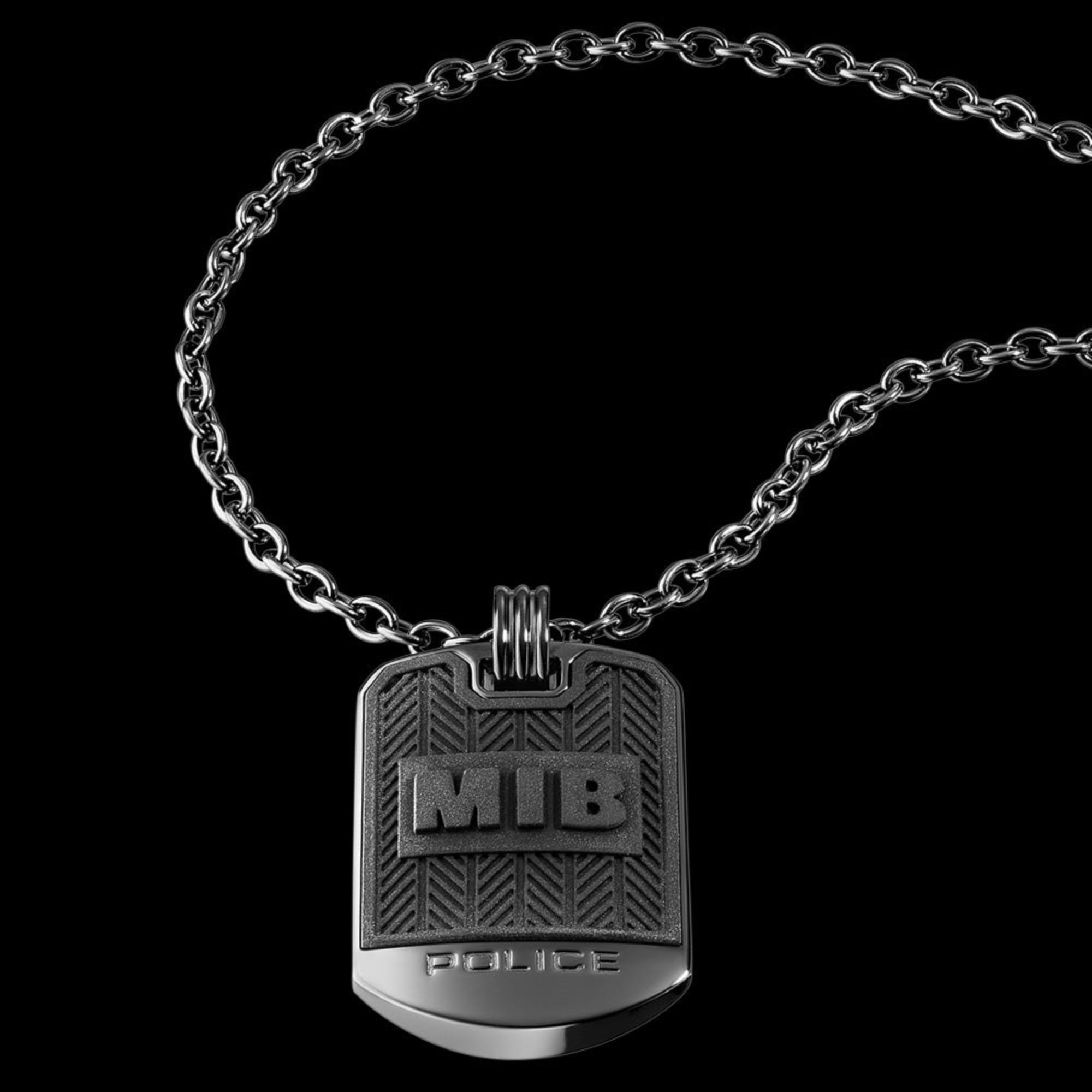 Close-up of Police Men In Black stainless steel dog tag limited edition necklace.