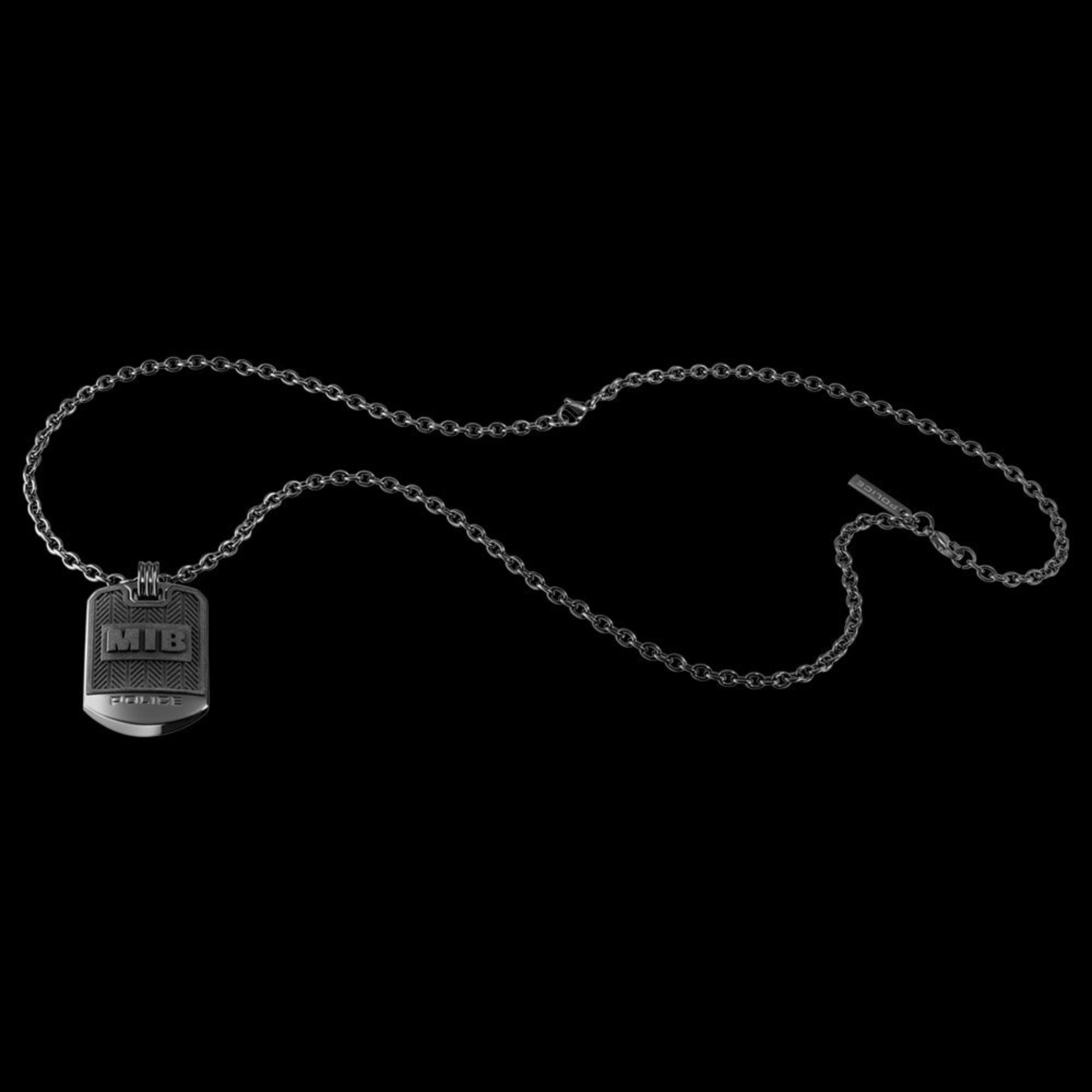Full view of Police Men In Black stainless steel dog tag limited edition necklace.