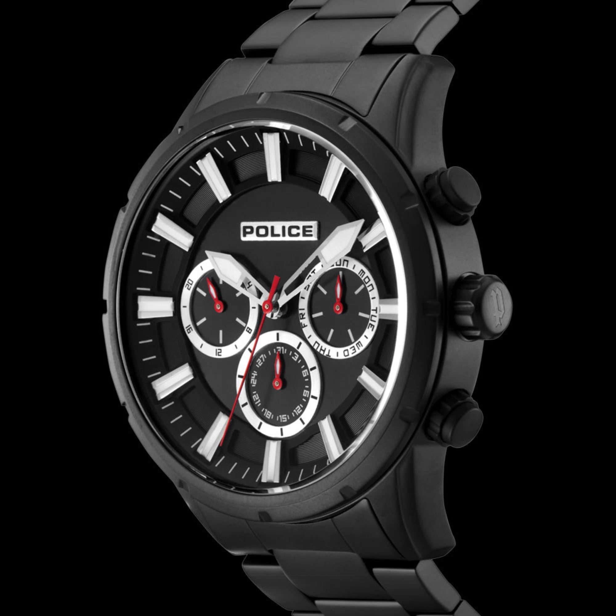 Side view of Police Weston all black men's watch.