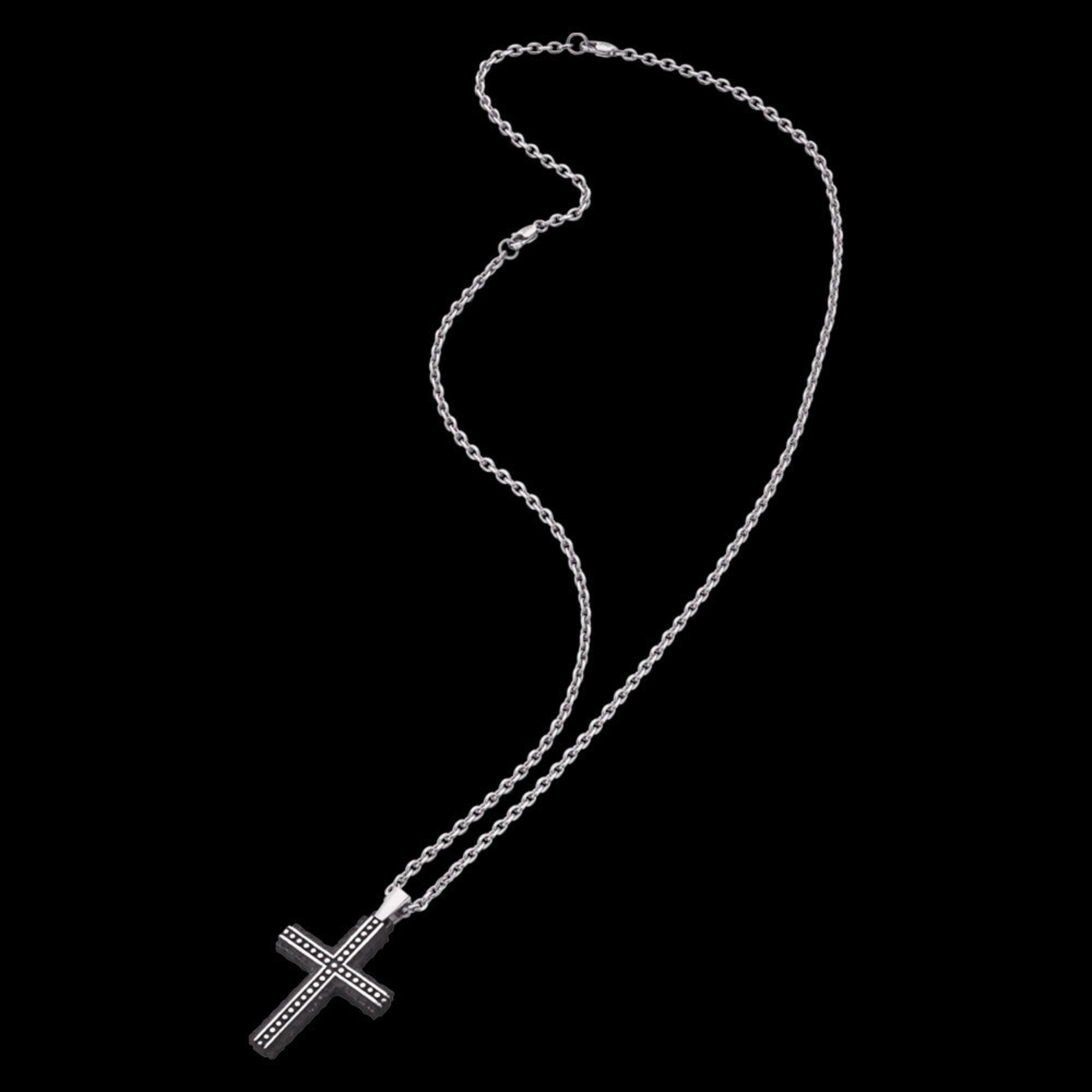 Full view of a rough edge black steel cross men's necklace.