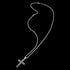 Full view of a rough edge black steel cross men's necklace.