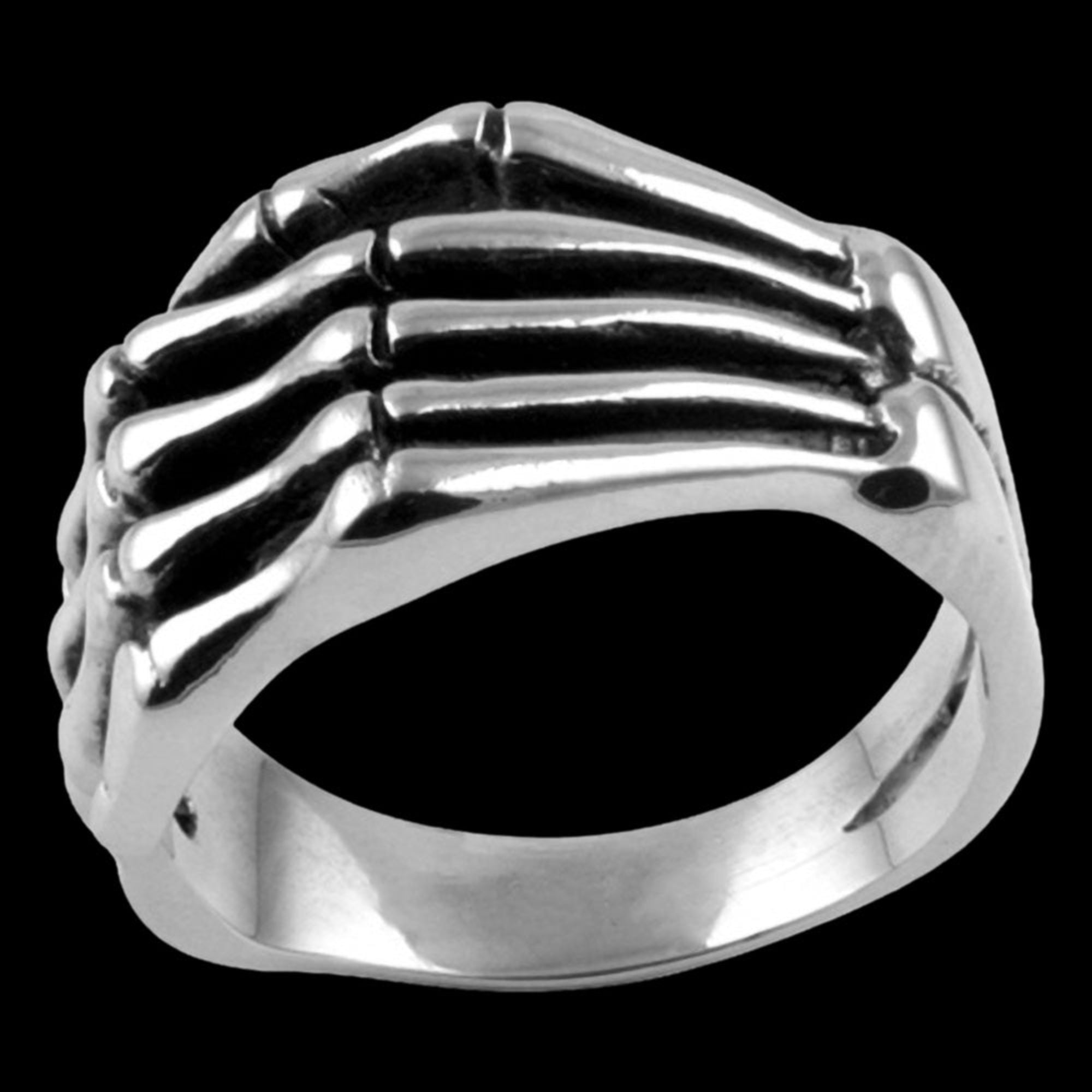 Top view of stainless steel men's skeleton hand ring.