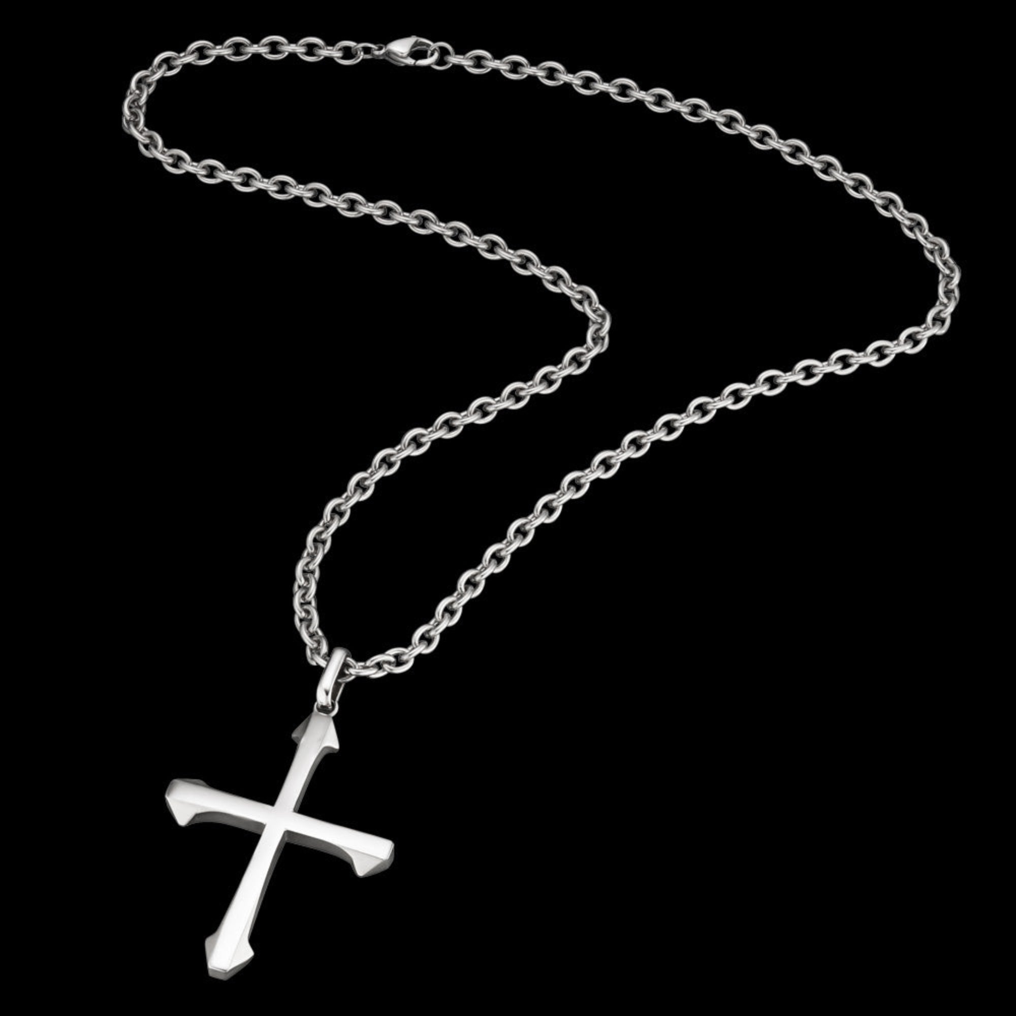 Full view of Save Brave barbed cross stainless steel men's necklace