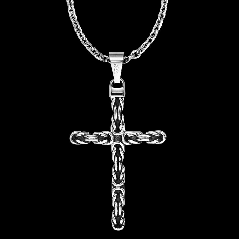 Close-up view of stainless steel men's Byzantine rope knot cross necklace.