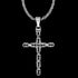 Close-up view of stainless steel men's Byzantine rope knot cross necklace.
