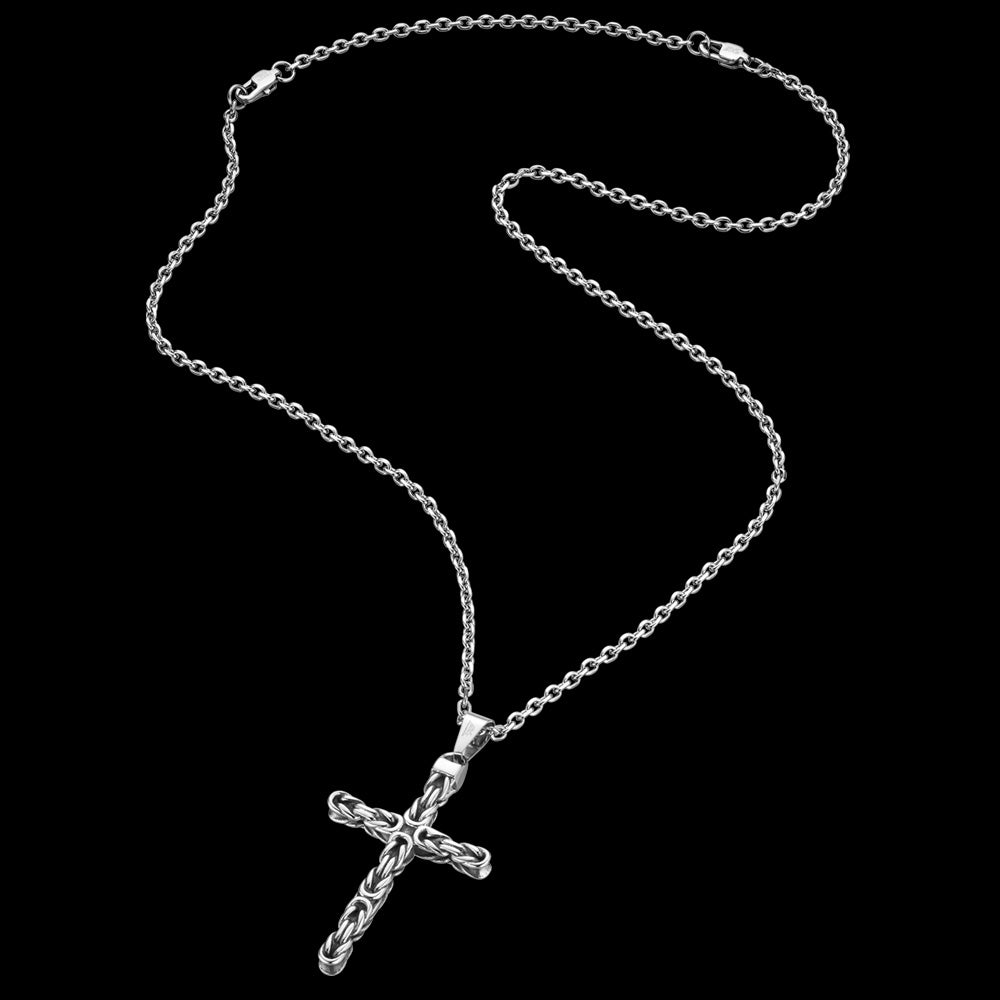 Full view of stainless steel men's Byzantine rope knot cross necklace.
