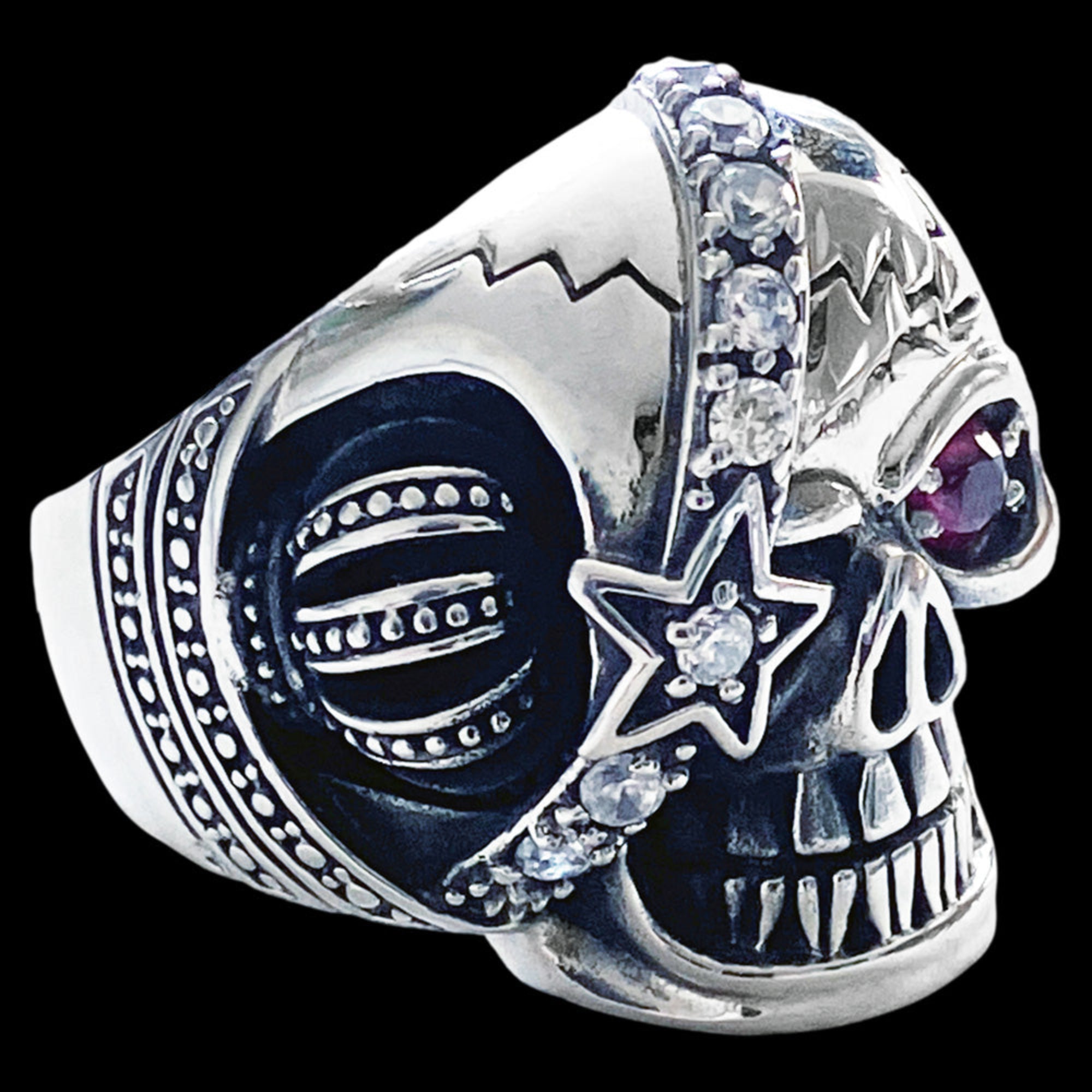 Left side view of a stainless steel men's skull eye patch ring.
