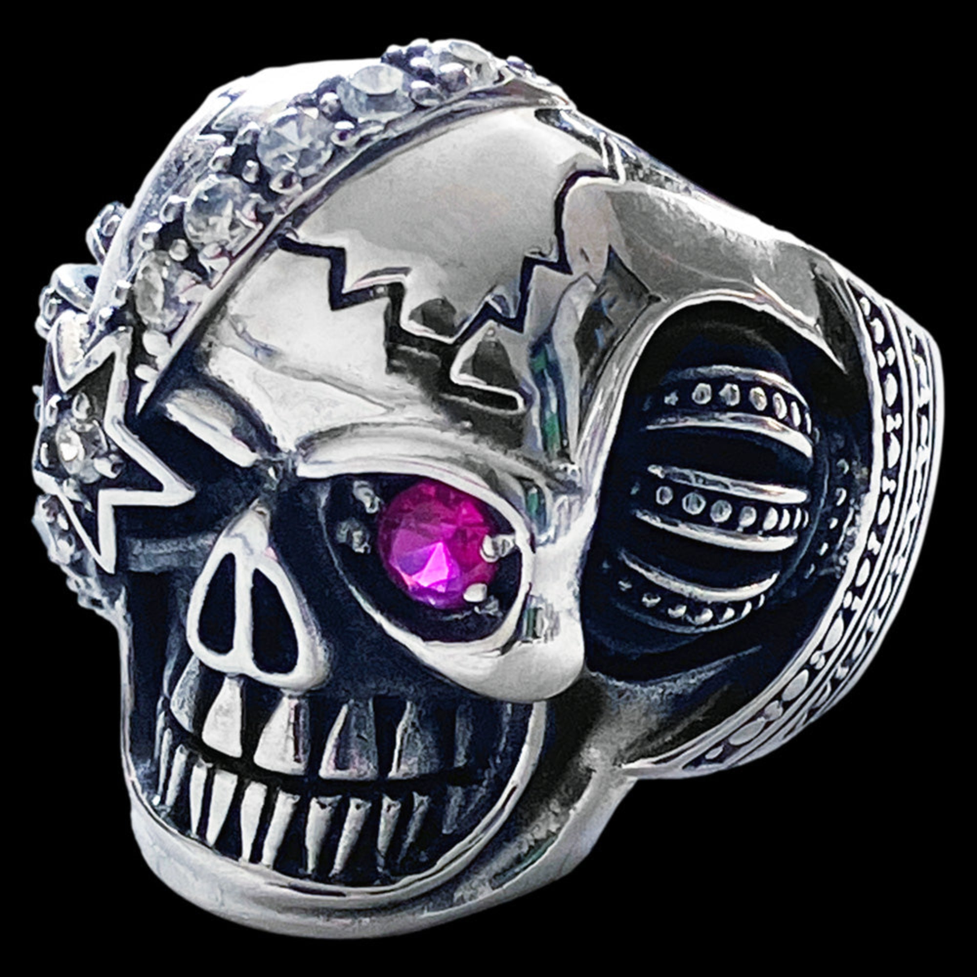 Right side view of a stainless steel men's skull eye patch ring.
