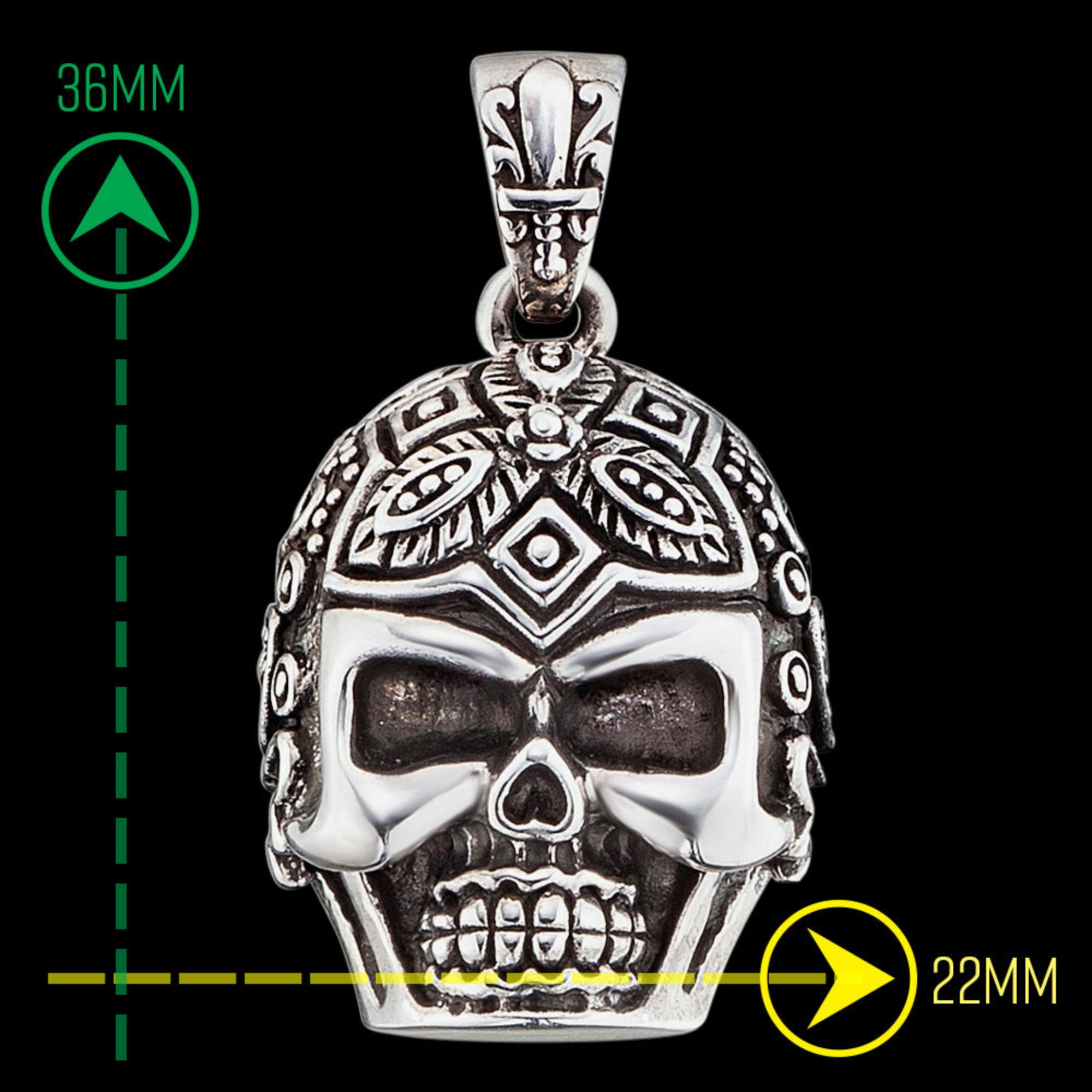 Infographic showing measurements of a sugar skull sterling silver men's necklace.