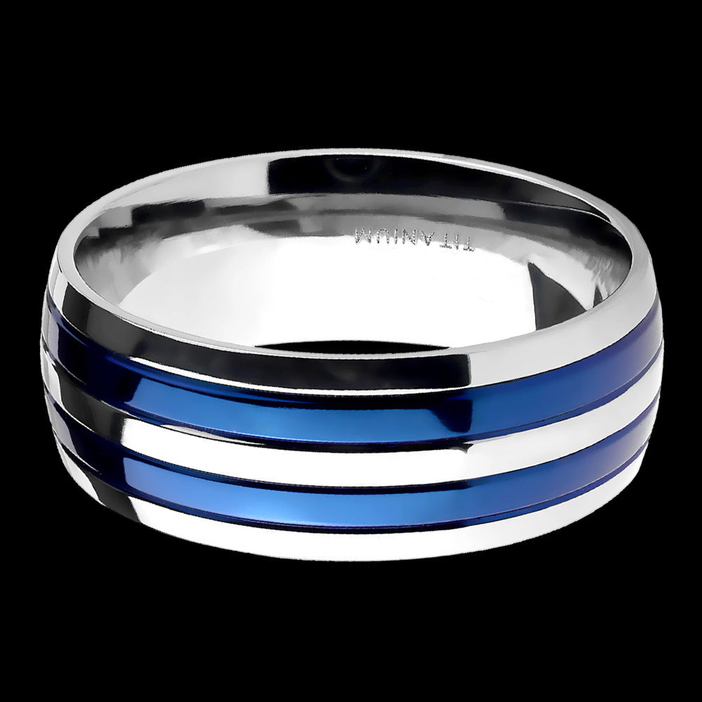 Titanium men's blue multi band ring side view.