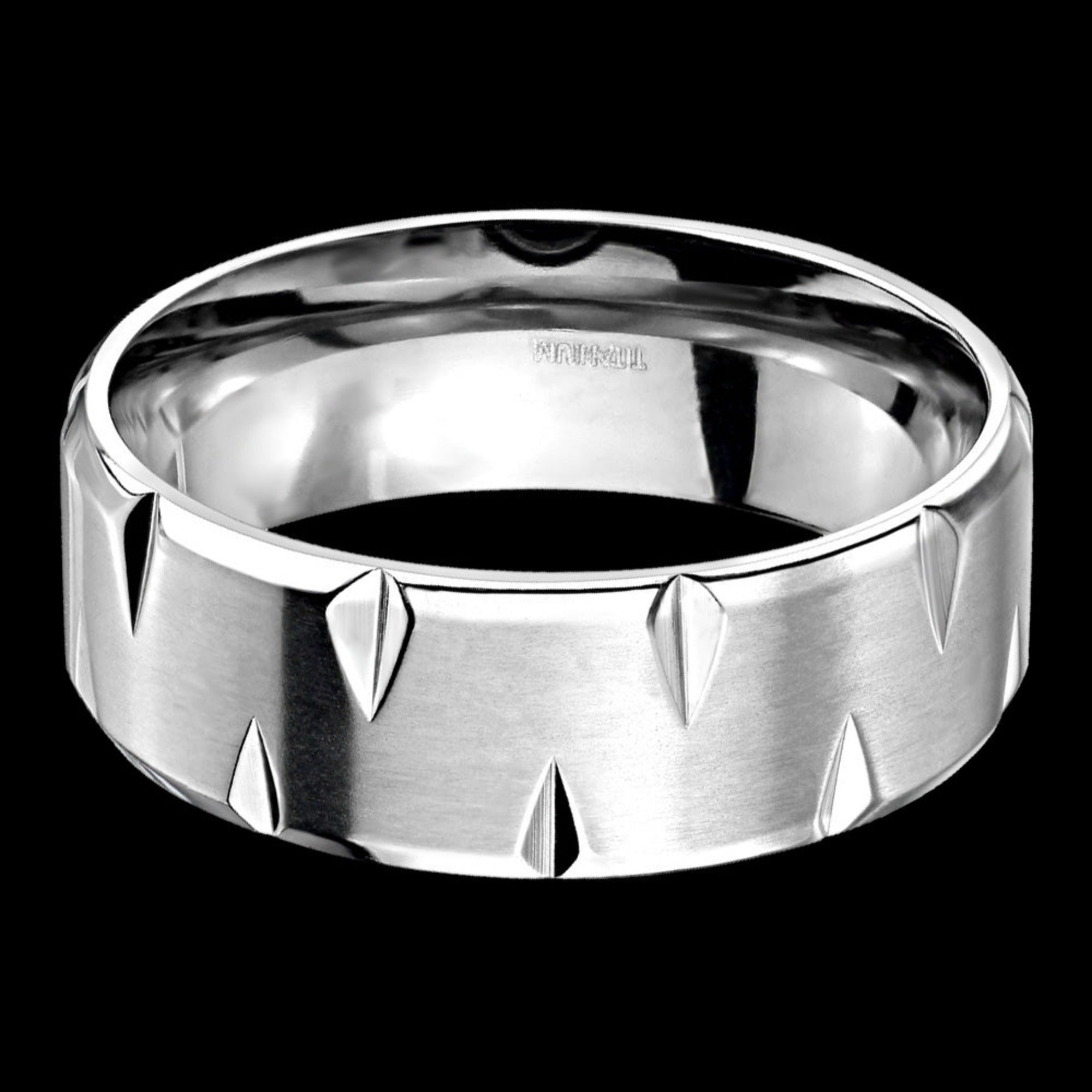 Titanium men's matte finish notched edge ring in side profile.